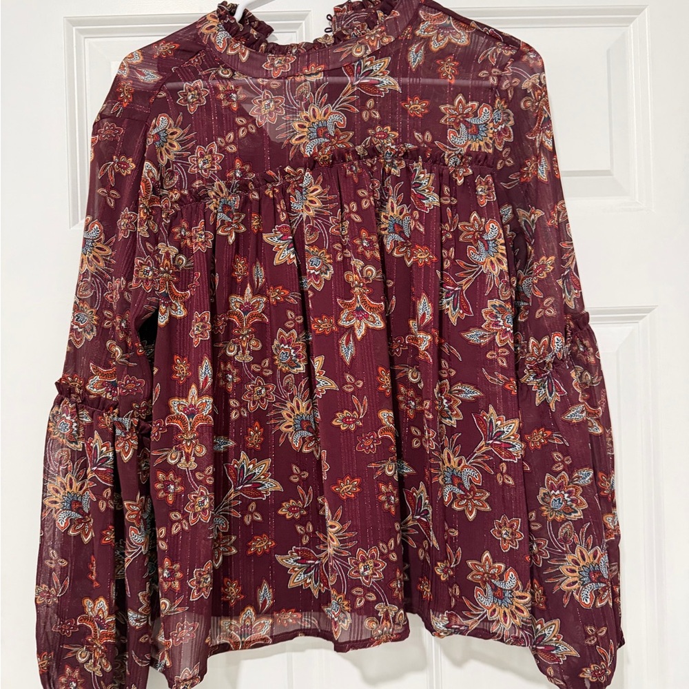 Blue Rain Burgundy Floral Ruffled Yoke Blouse